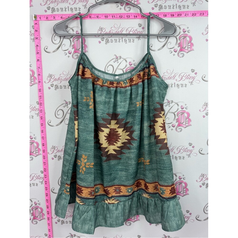 Western top Green Aztec Print Spaghetti Strap Tank Top